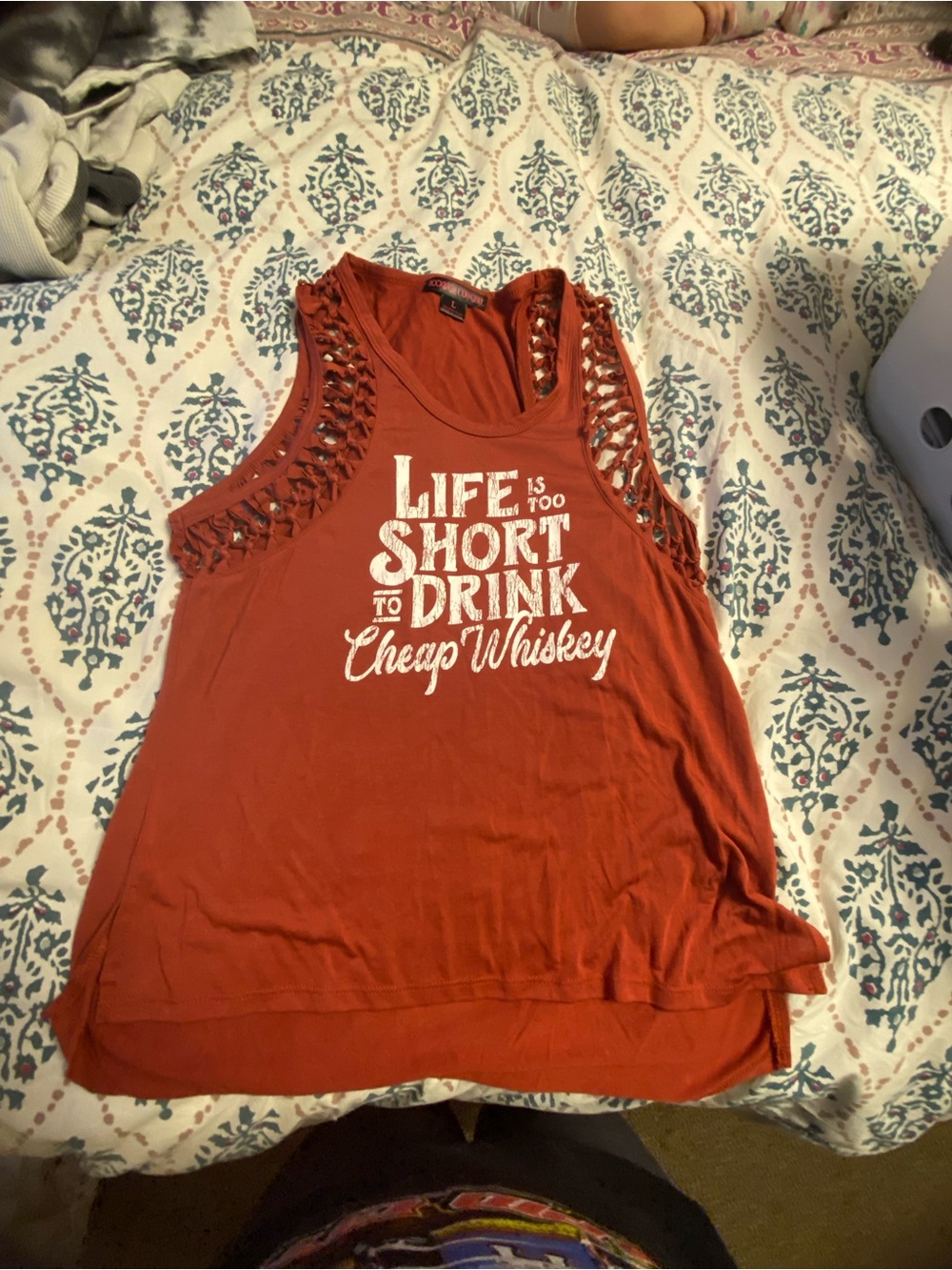 Rock & Roll Cowgirl Rust Graphic Tank with Braided Shoulders